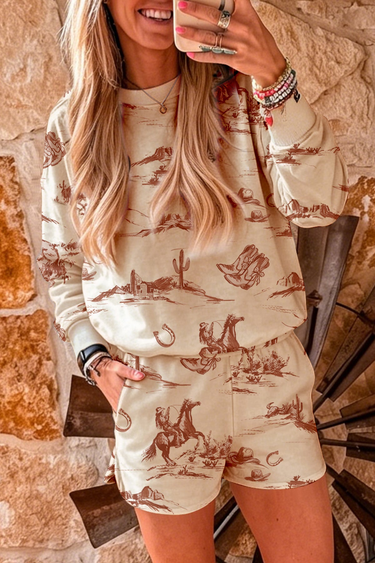 Women's Beige Western Print Loose Fit Long-Sleeve Top Shorts Set