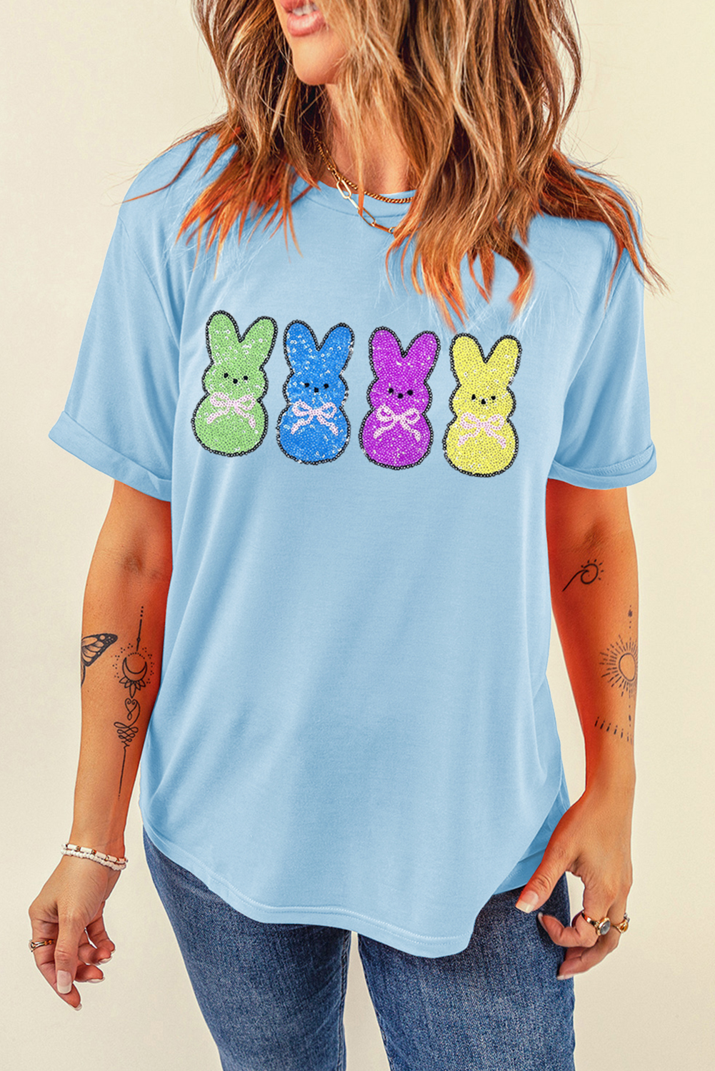 Light Blue Sequin Bunny Doll Graphic Casual T-Shirt