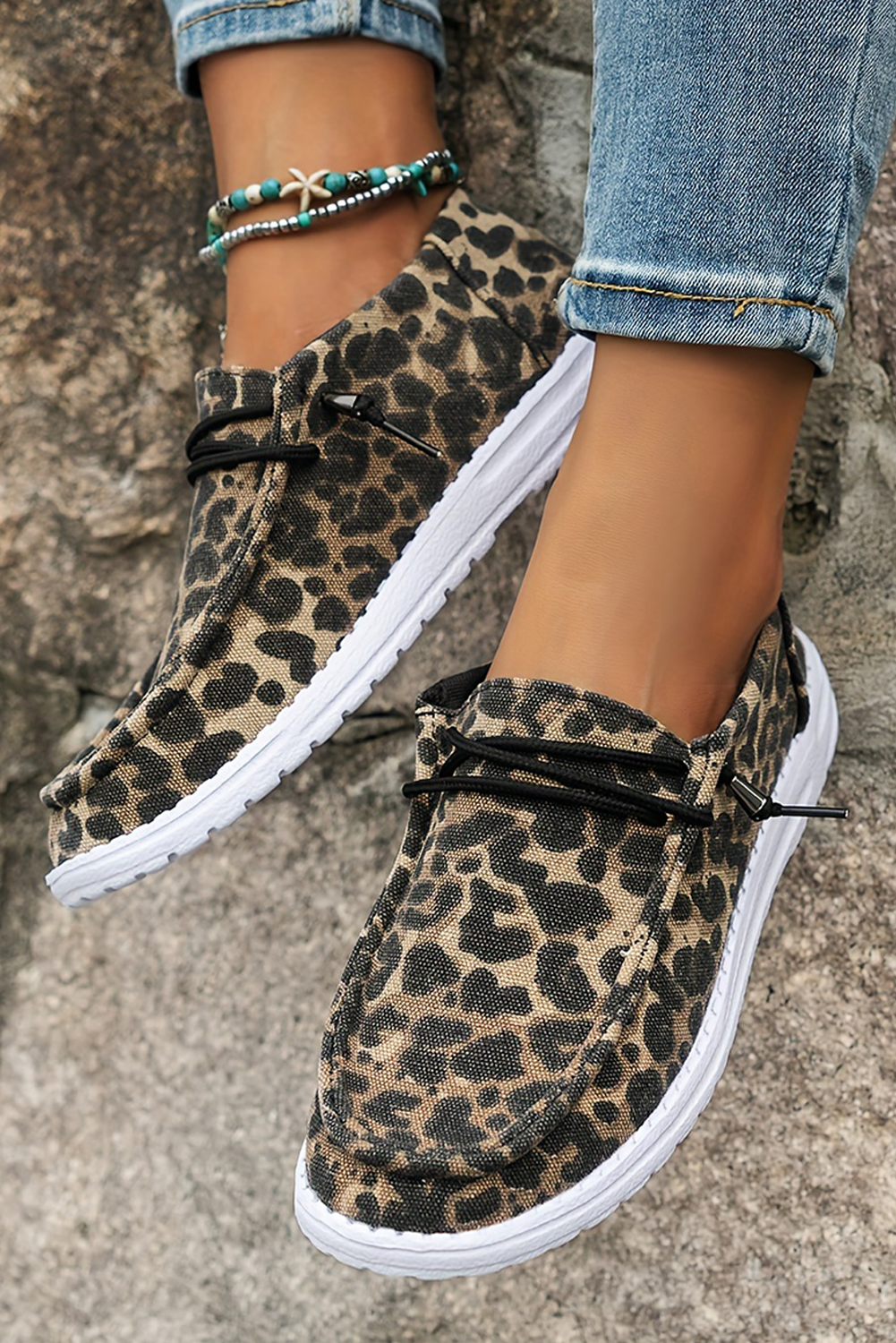 Coffee Lace-up Decor Leopard Canvas Sneakers