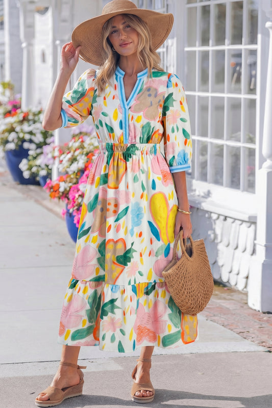 Multicolour Floral V-Neck Midi Dress