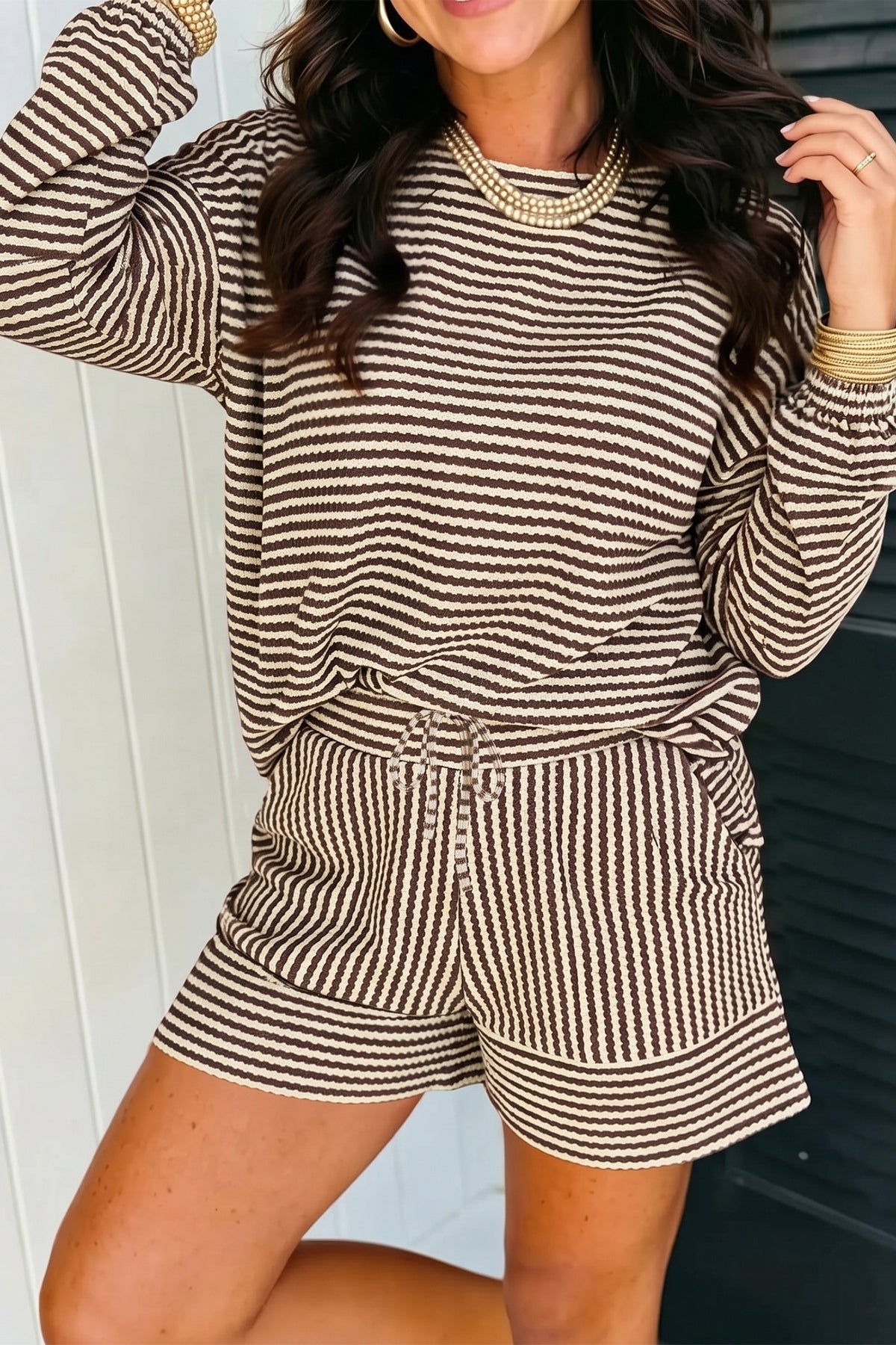 Women's Brown Stripe Textured Knit Long-Sleeve Top Elastic Waist Shorts Casual Outfit