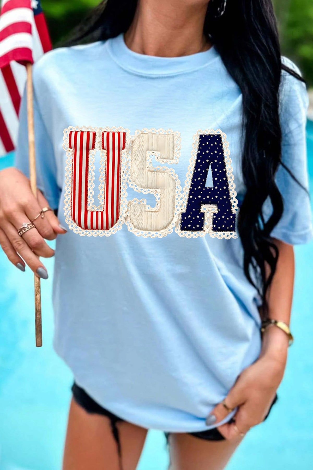 Light Blue USA Patriotic Printed T-Shirt