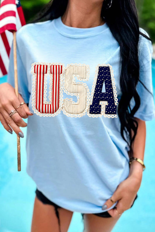 Light Blue USA Patriotic Printed T-Shirt