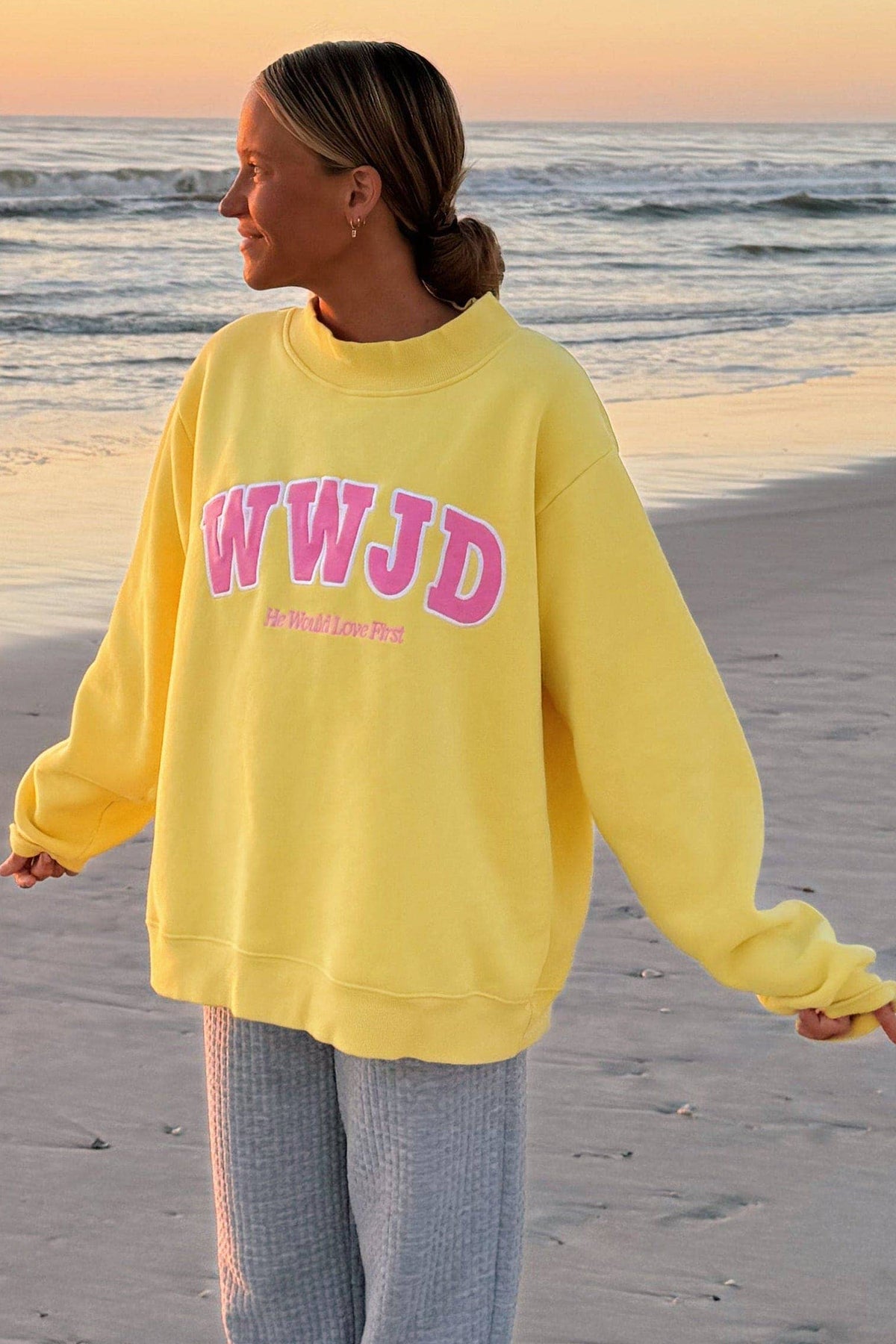 Pink WWJD Embroidered Crewneck Sweatshirt