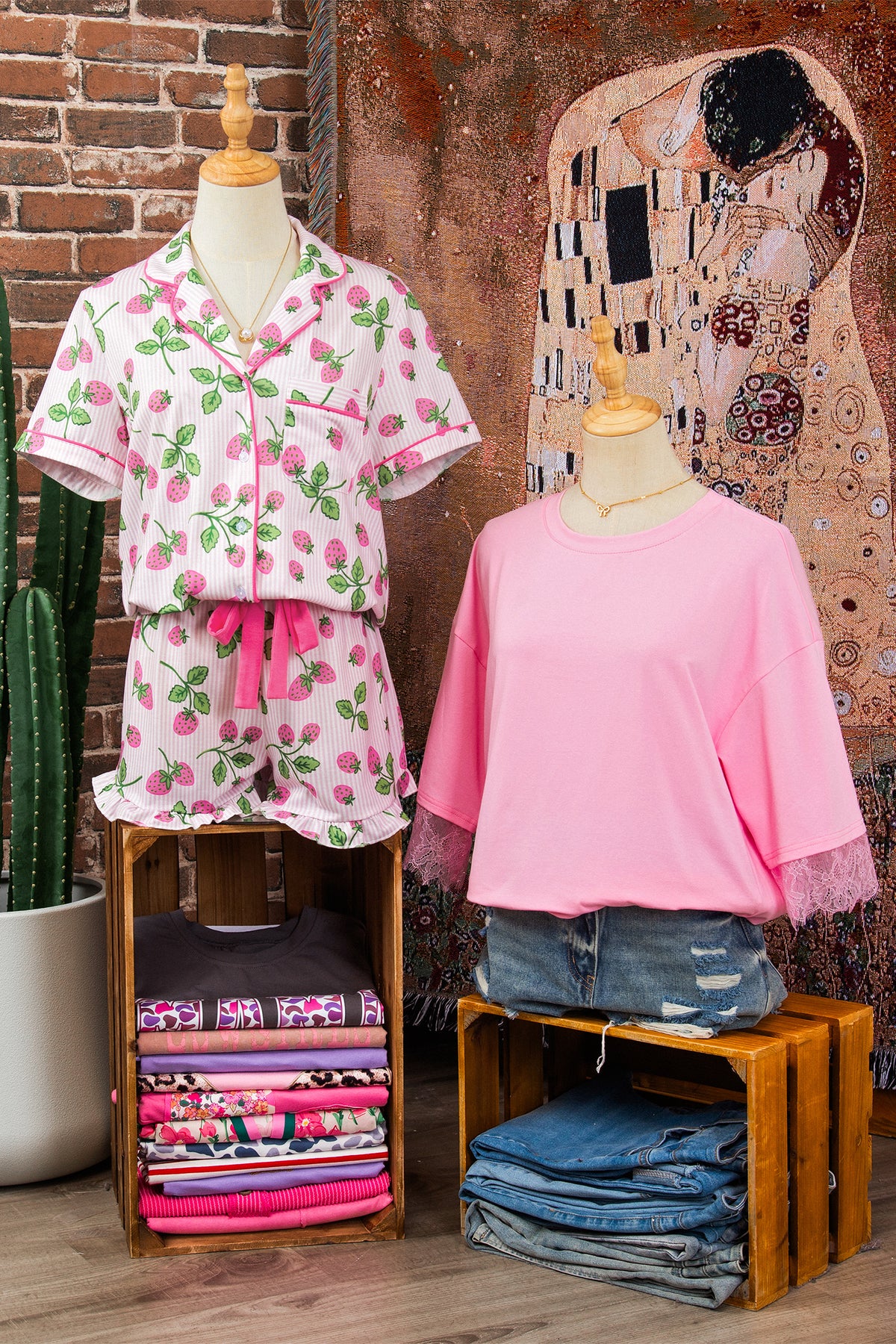 Pink Striped Strawberry Print Lapel Shirt and Shorts Pajama Set