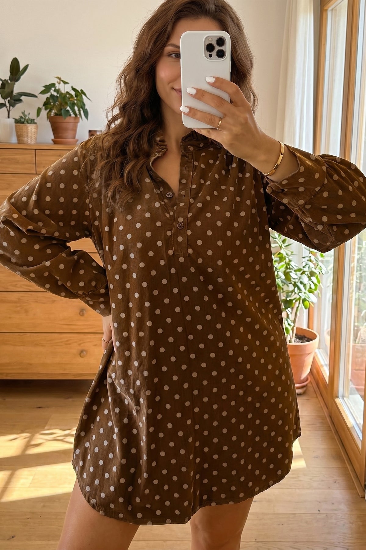 Brown Polka Dot Corduroy V-Neck Mini Dress