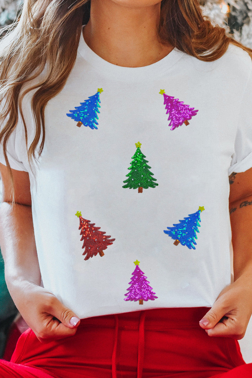 White Glitter Christmas Tree Pattern Cuffed Sleeve Christmas T-Shirt