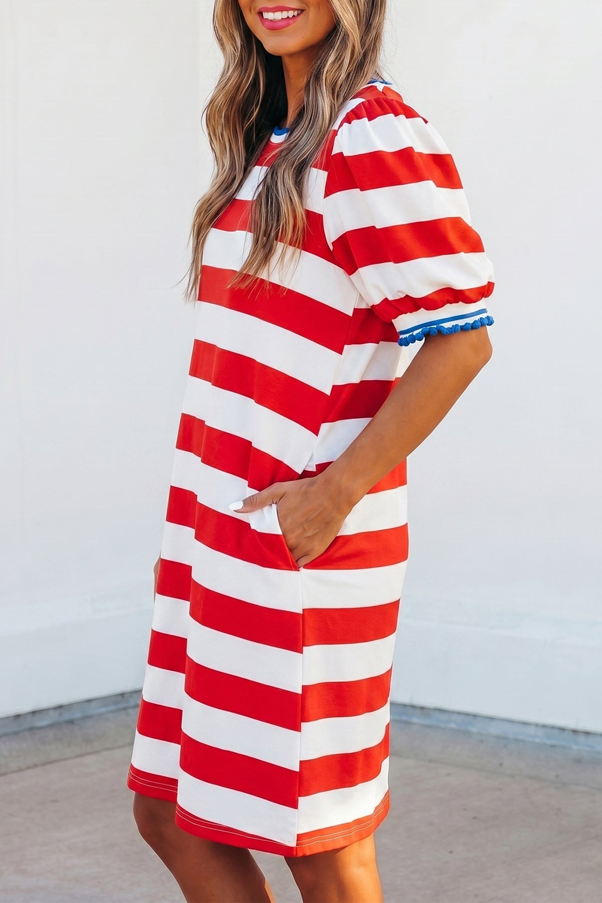 Blue Stripe Round Neck Short Puff Sleeve Shift Mini Dress