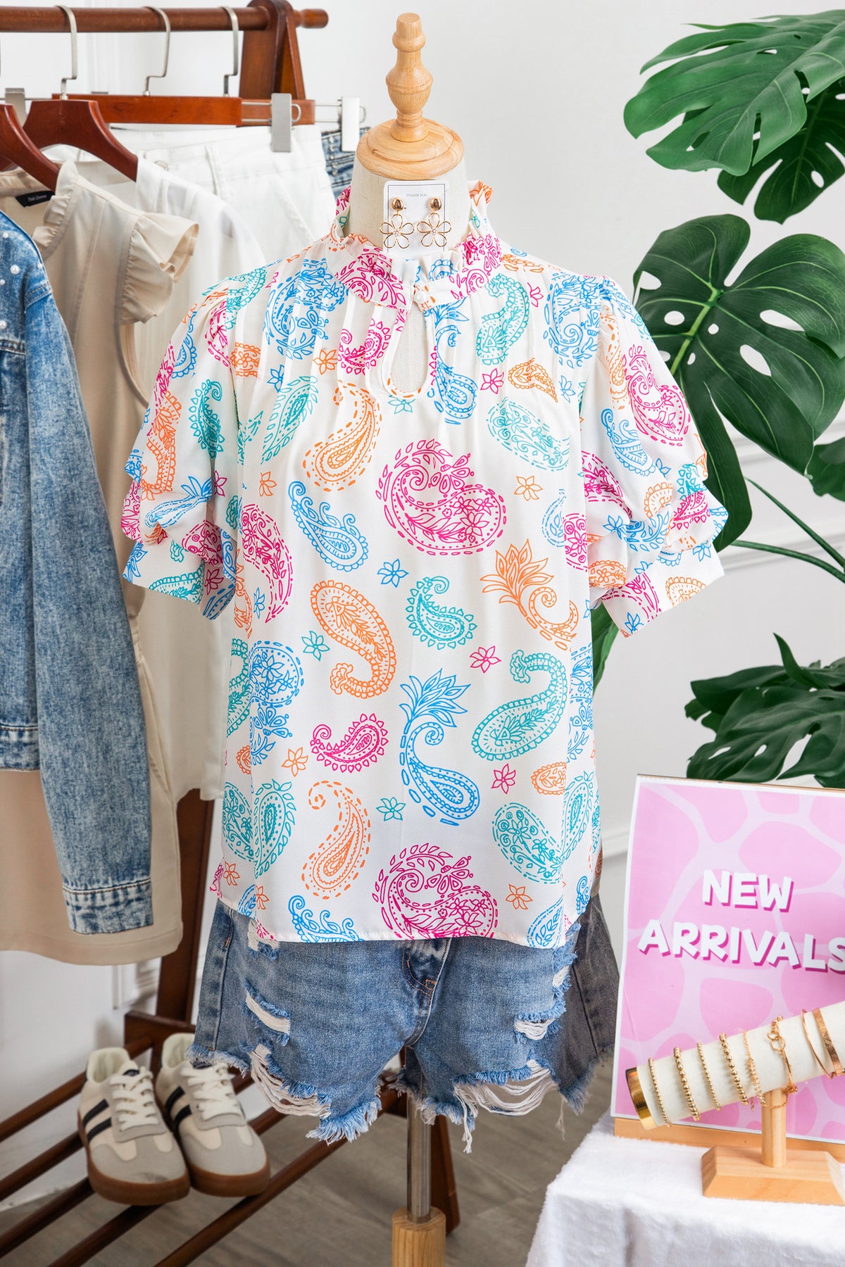 Multicolour Vibrant Paisley Button Keyhole Puff Sleeve Blouse