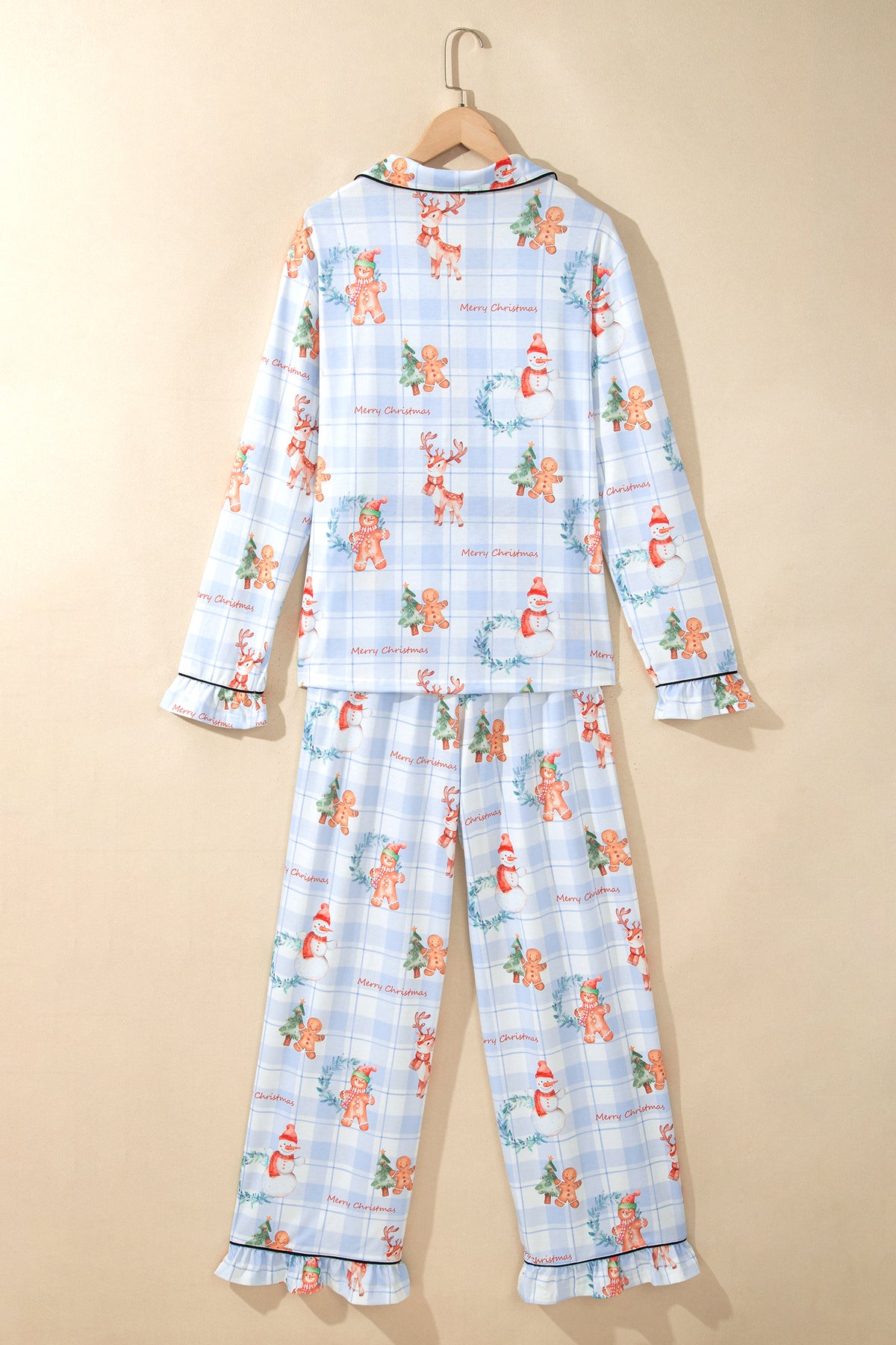 Sky Blue Plaid Cartoon Christmas Pattern Shirt Top Pajama Set