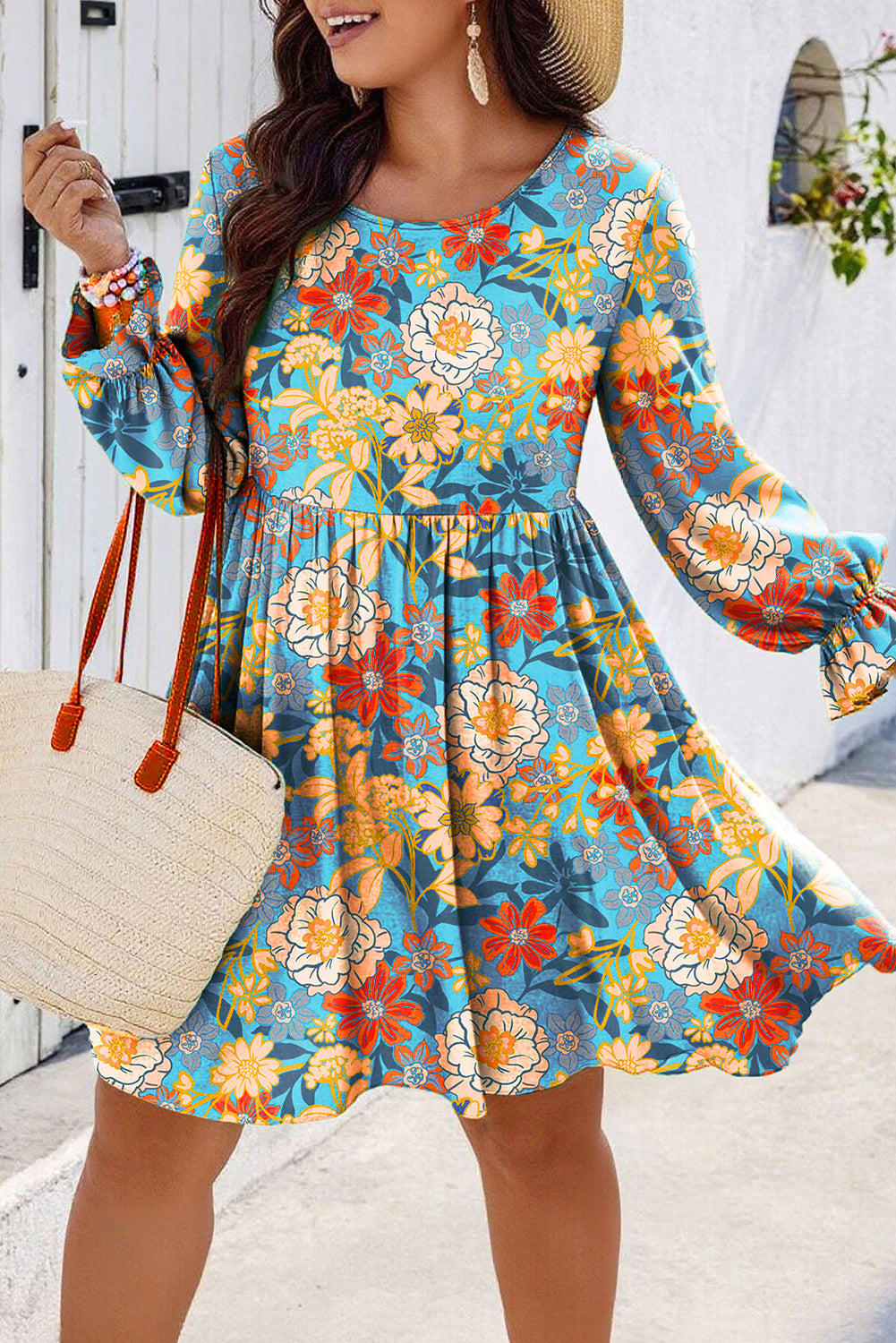 Blue Plus Size Floral Ruffled Long-Sleeve Flowy Mini Dress