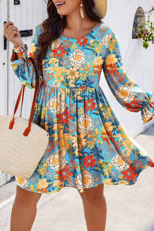 Blue Plus Size Floral Ruffled Long-Sleeve Flowy Mini Dress