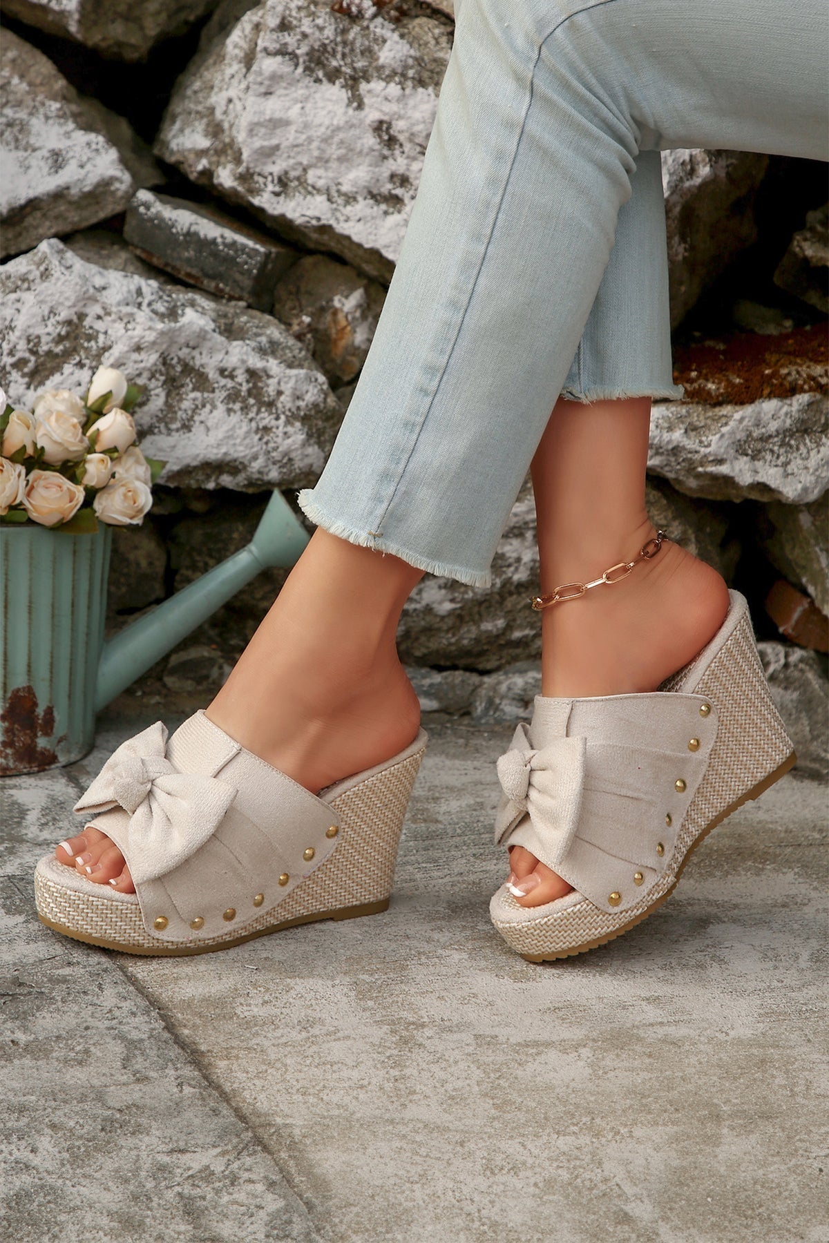 Oatmeal Bow-Knot Studded Wedge Sandals