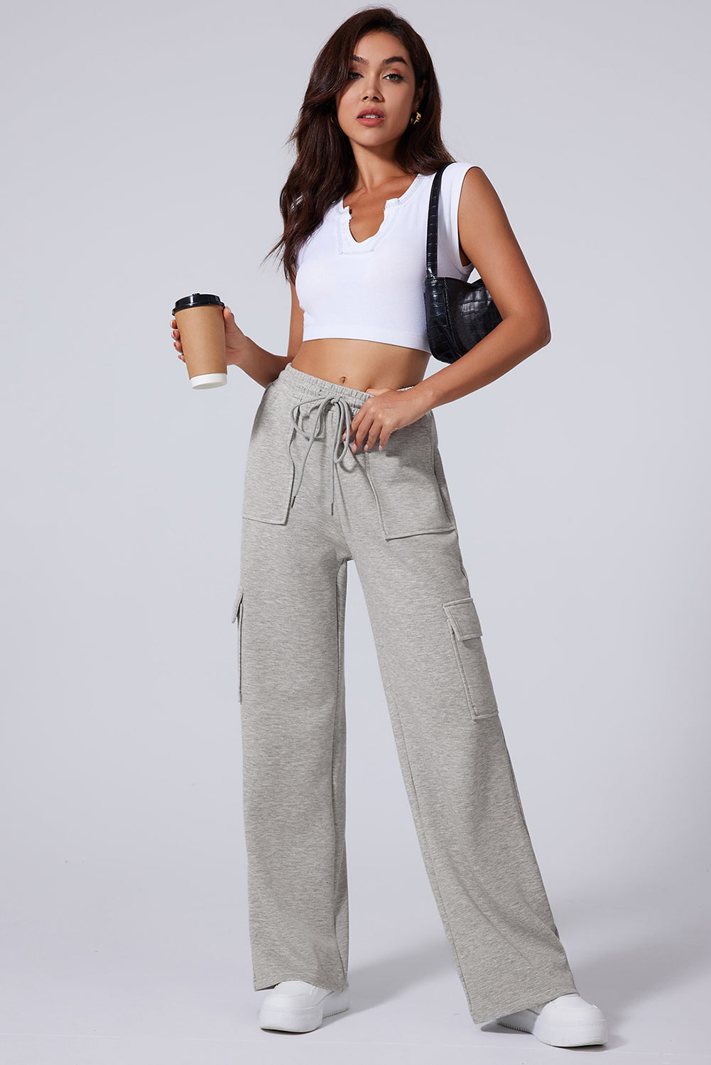 Light Grey Multi Pockets Lace-up High Waist Wide Leg Active Pants