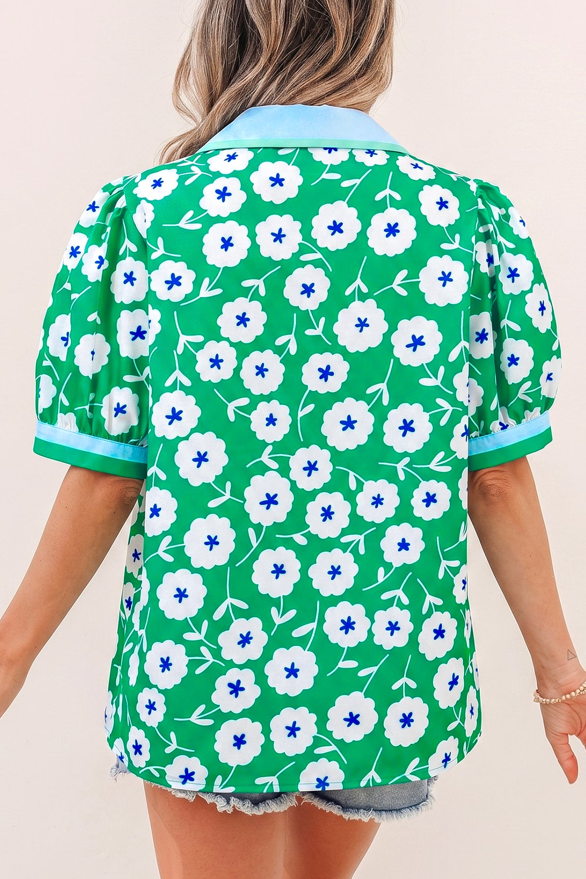 Green Flower Contrast Patchwork Collar Short Sleeve Blouse