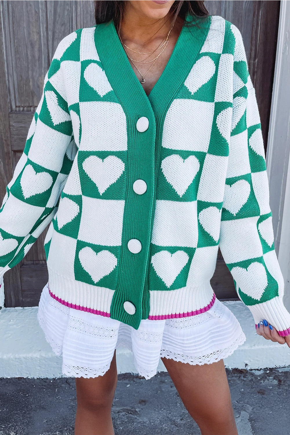 Sea Green Plaid Heart Knit V Neck Button Down Sweater Cardigan