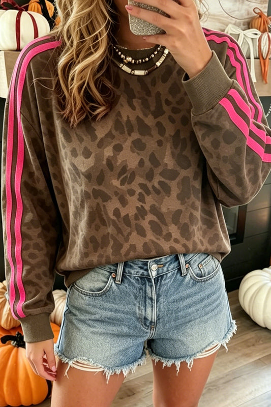 Brown Leopard Print Striped Pullover Sweatshirt