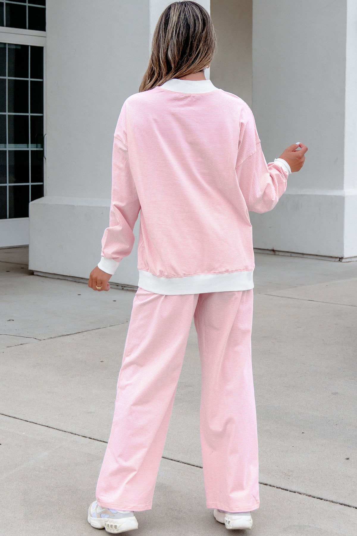 Women's Pink Stripe Color Block Trim Mock Neck Pullover Drawstring Pants Casual Outfit