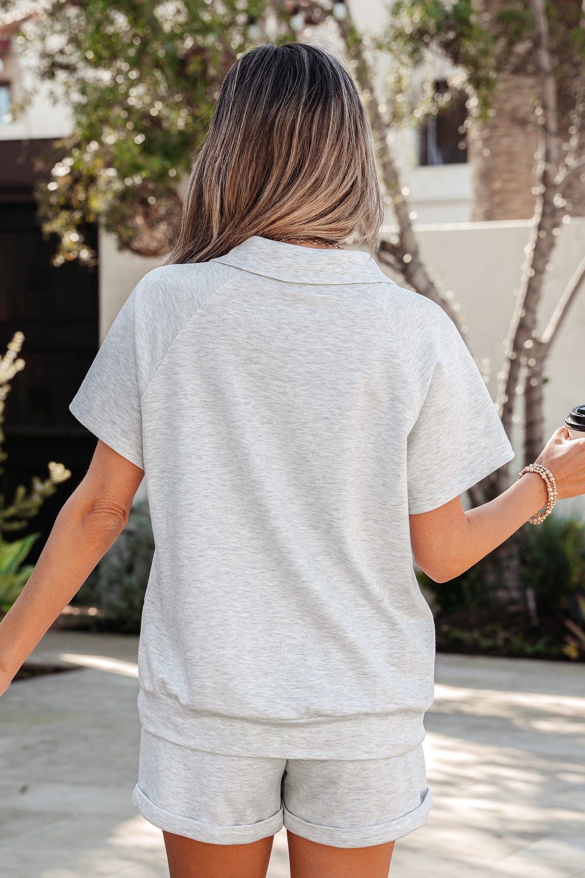 Women's Light Grey Collared V-Neck Tee Shorts Two-Piece Outfit Set