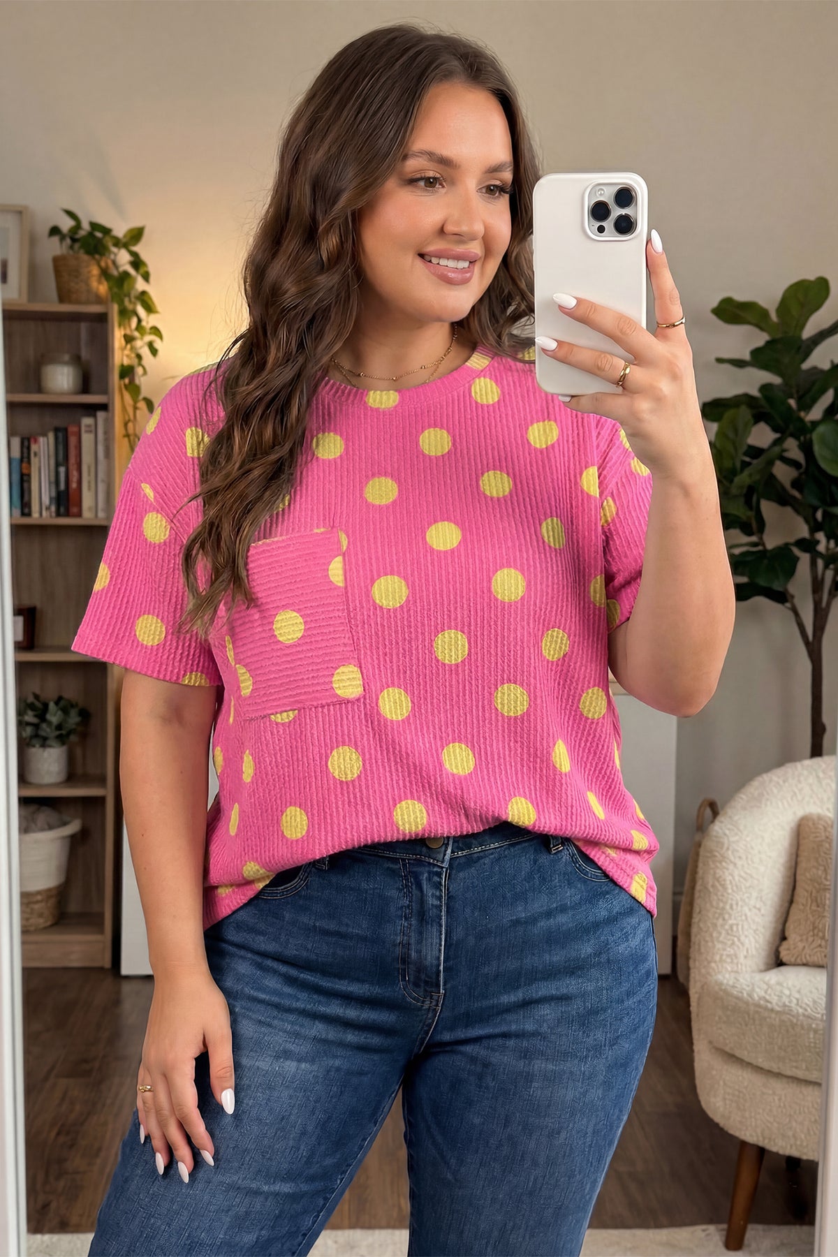 Pink Twisted Rib Polka Dot Print Plus Size T-Shirt