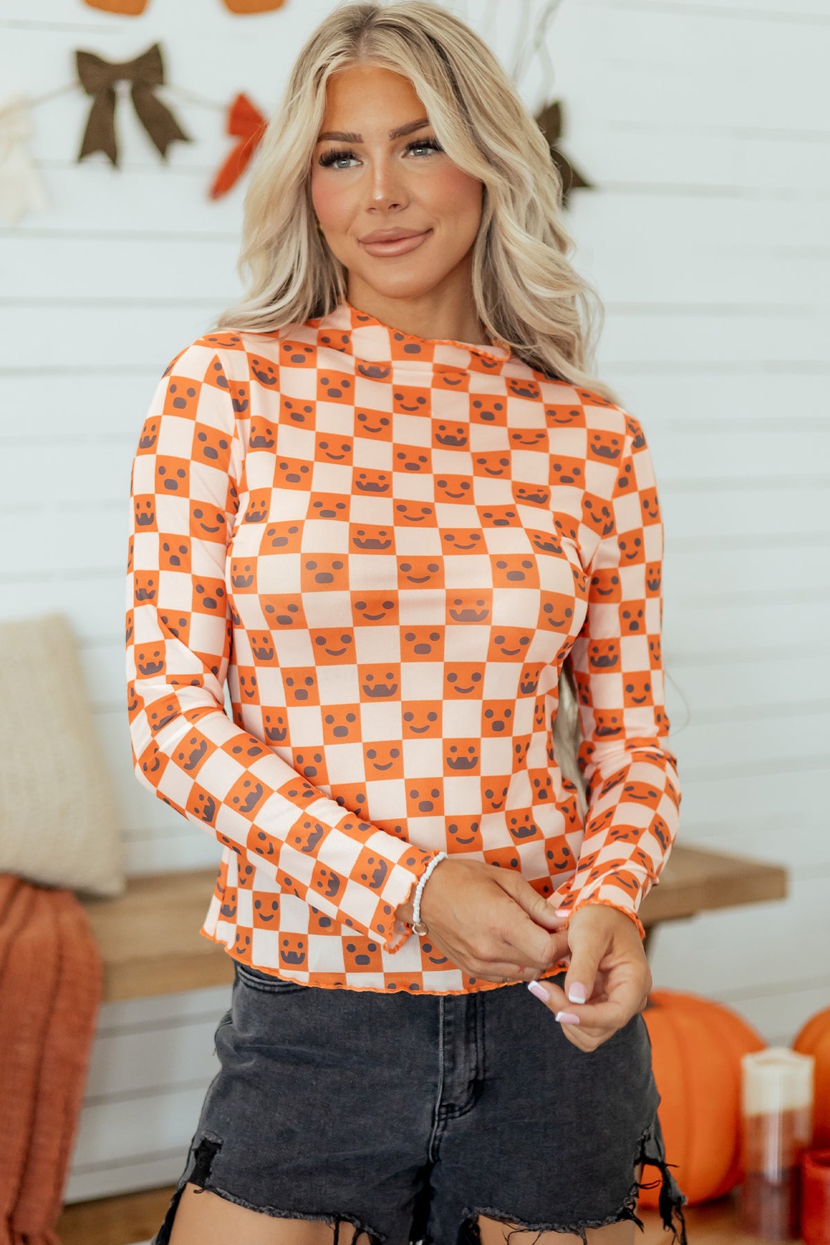 Orange Abstract Halloween Pattern Stand Neck Shift Blouse