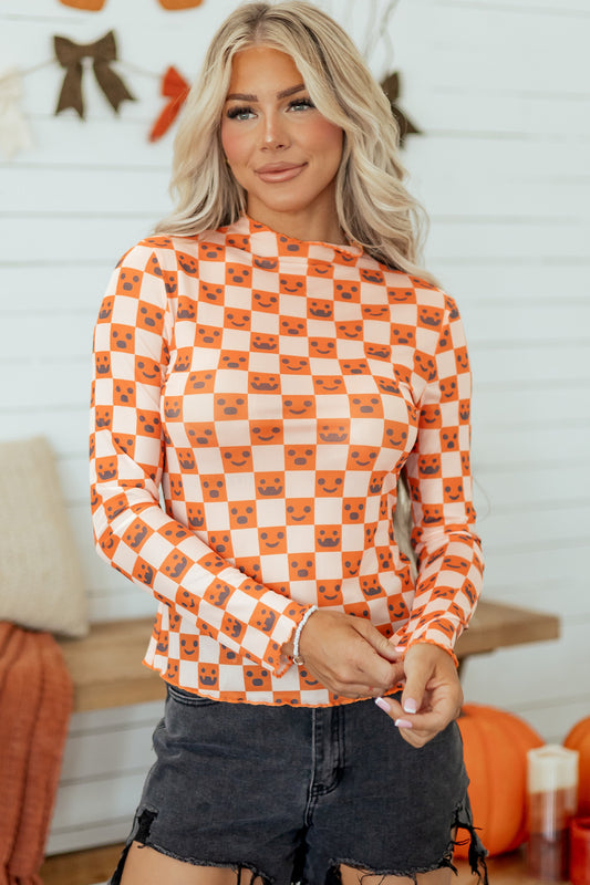 Orange Abstract Halloween Pattern Stand Neck Shift Blouse