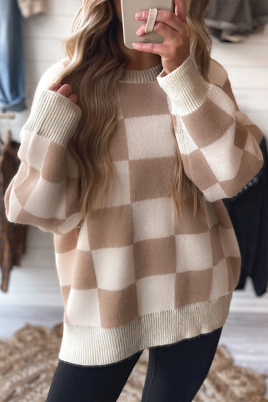 Parchment Checkered Pattern Ribbed Trim Knit Baggy Sweater