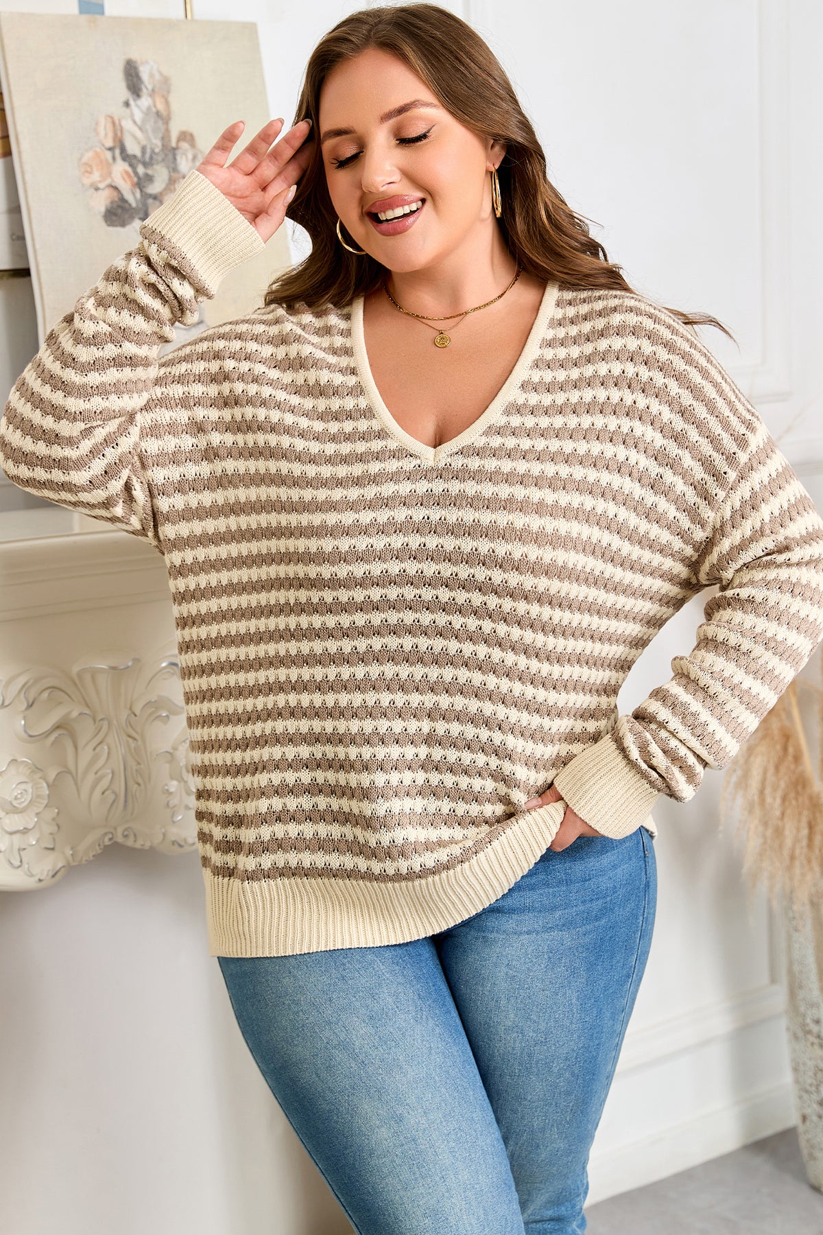 Khaki Stripe Plus Size V-Neck Drop-Shoulder Sweater