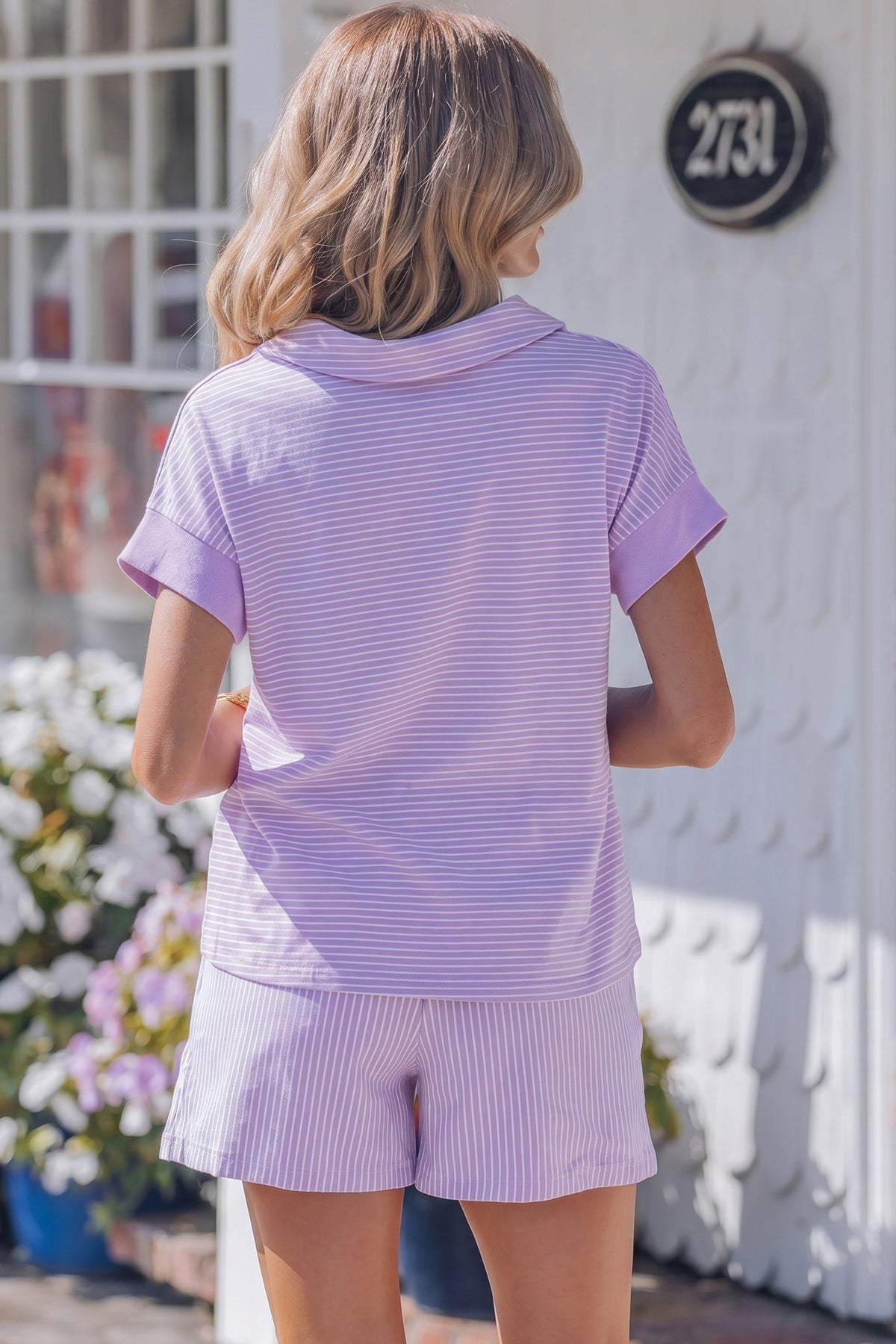 Pink Stripe Dolman Sleeve Polo Shirt and Drawstring Shorts Set