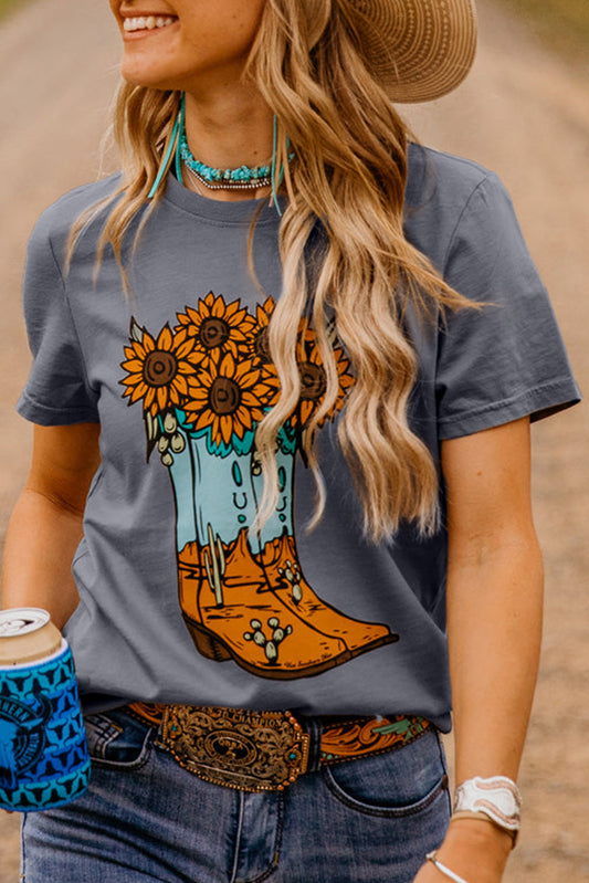 Gray Sunflower Cowgirl Boots Print Western Fashion T-Shirt