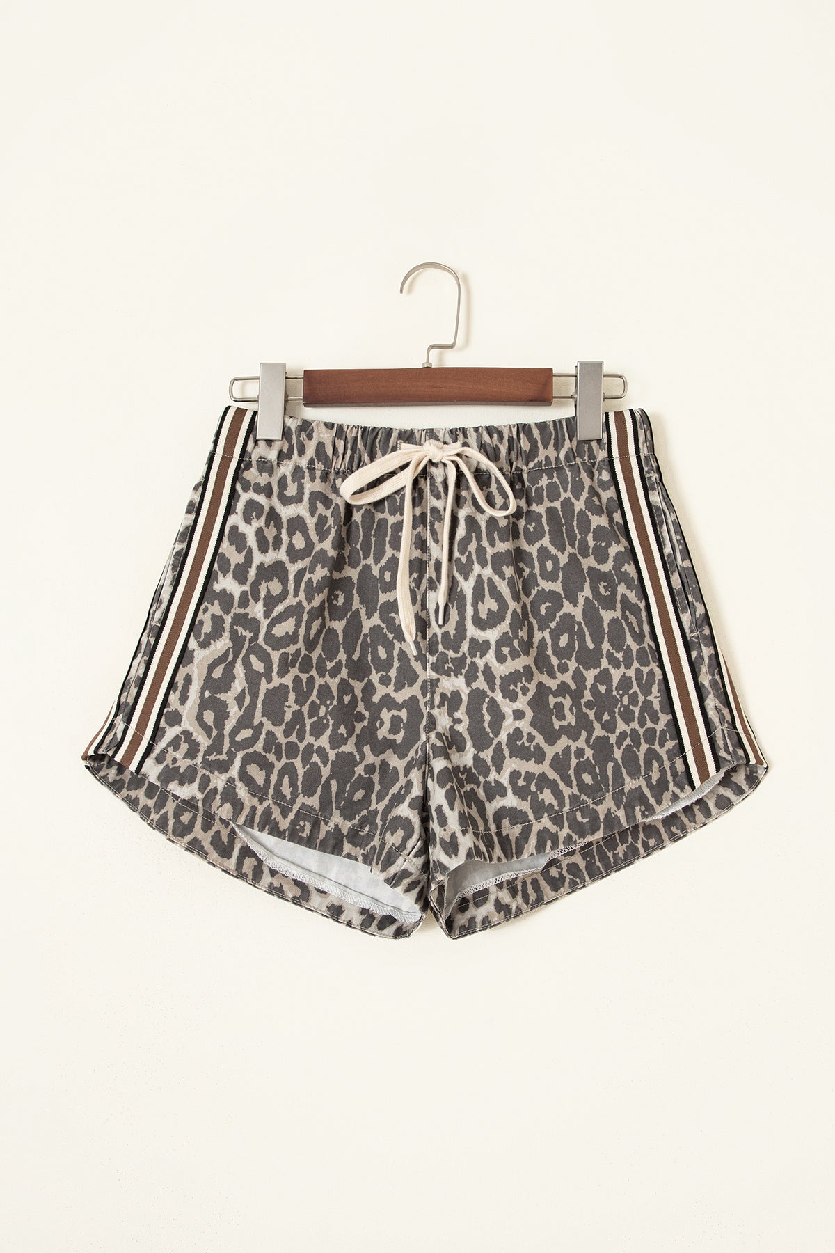 Multicolour Leopard Pattern Striped Drawstring Denim Shorts