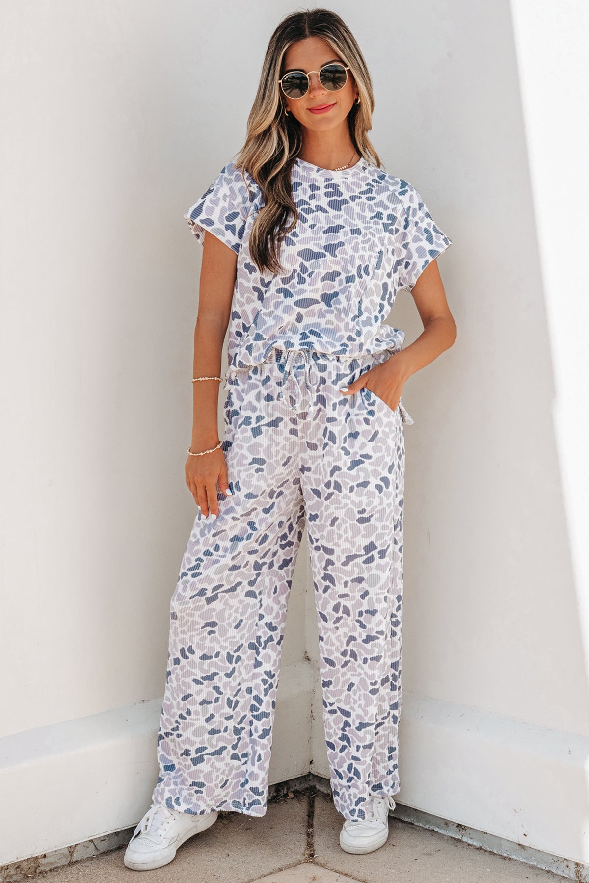 Women's Beige Camouflage Print Twisted Rib Tee Pants Set