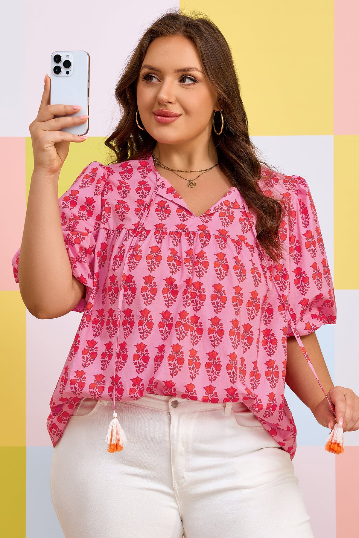 Pink Plus Size Floral Print Tassel Tie Puff-Sleeve Cotton Blouse