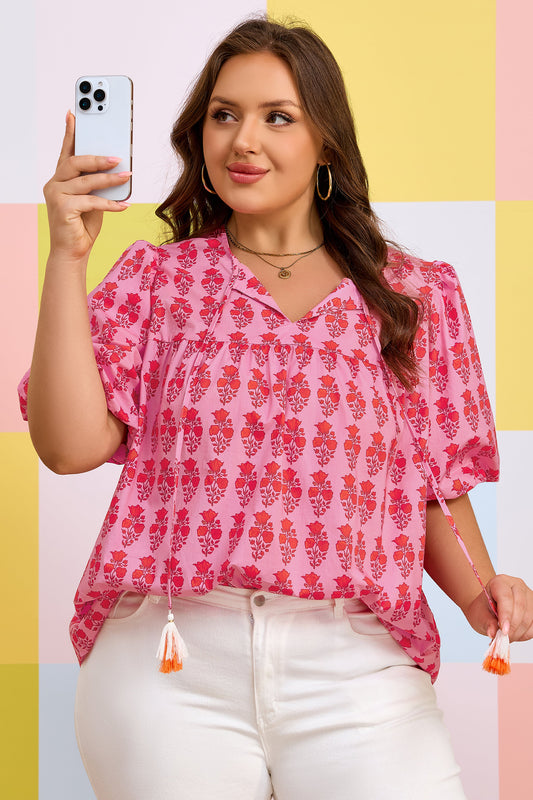 Pink Plus Size Floral Print Tassel Tie Puff-Sleeve Blouse