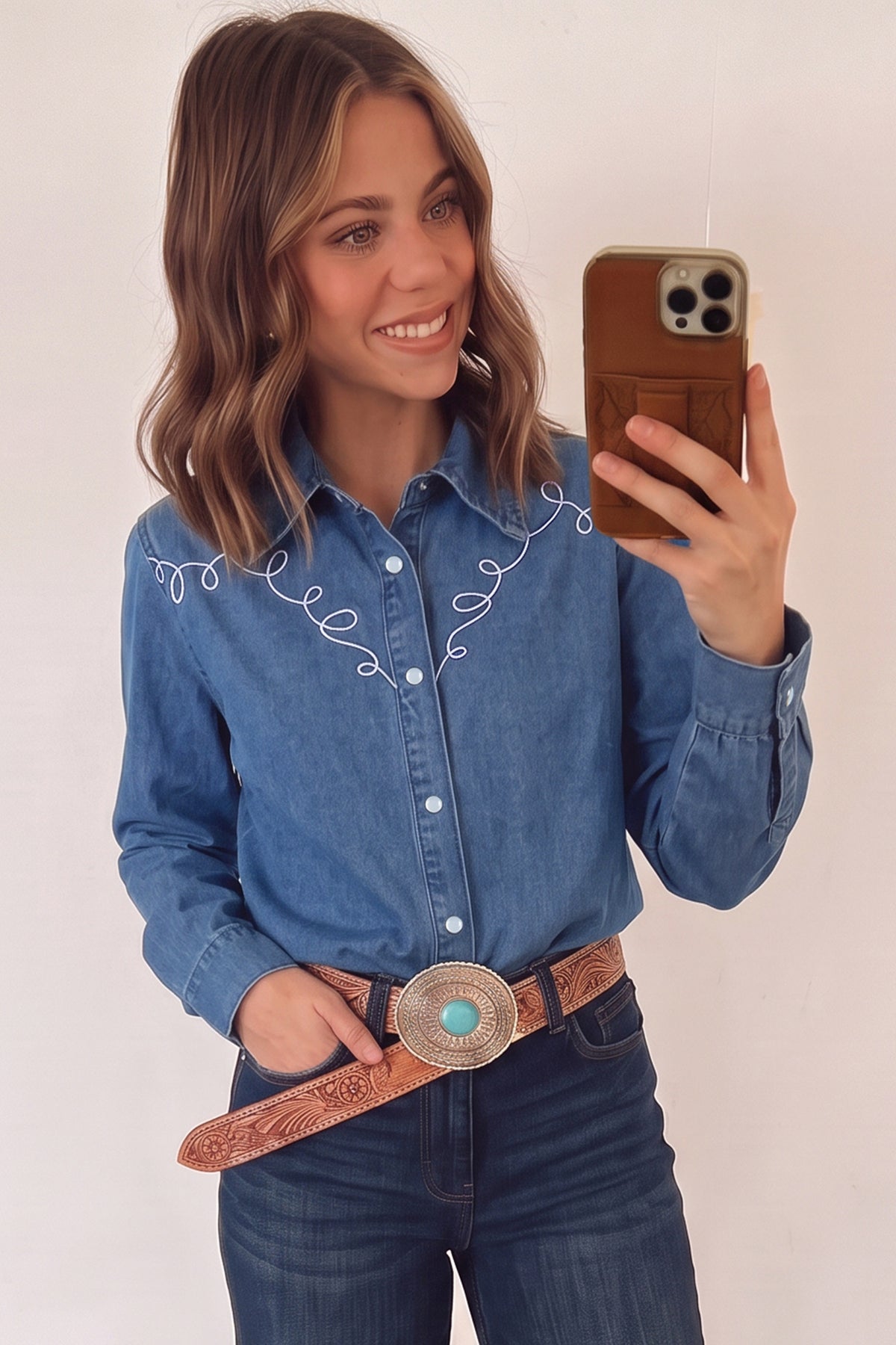Dusk Blue Western Embroidered Collar Denim Shirt