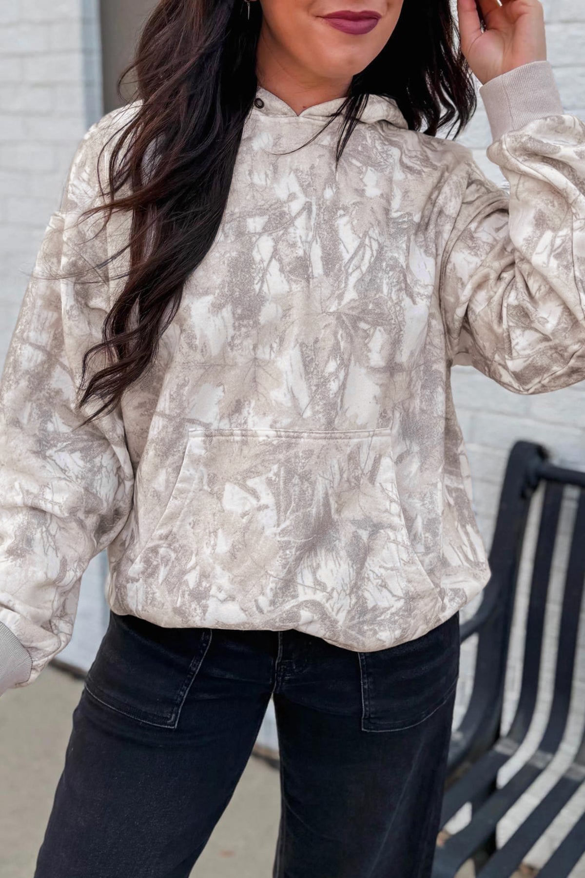 Gray Abstract Print Ribbed Cuffs Hem Hoodie