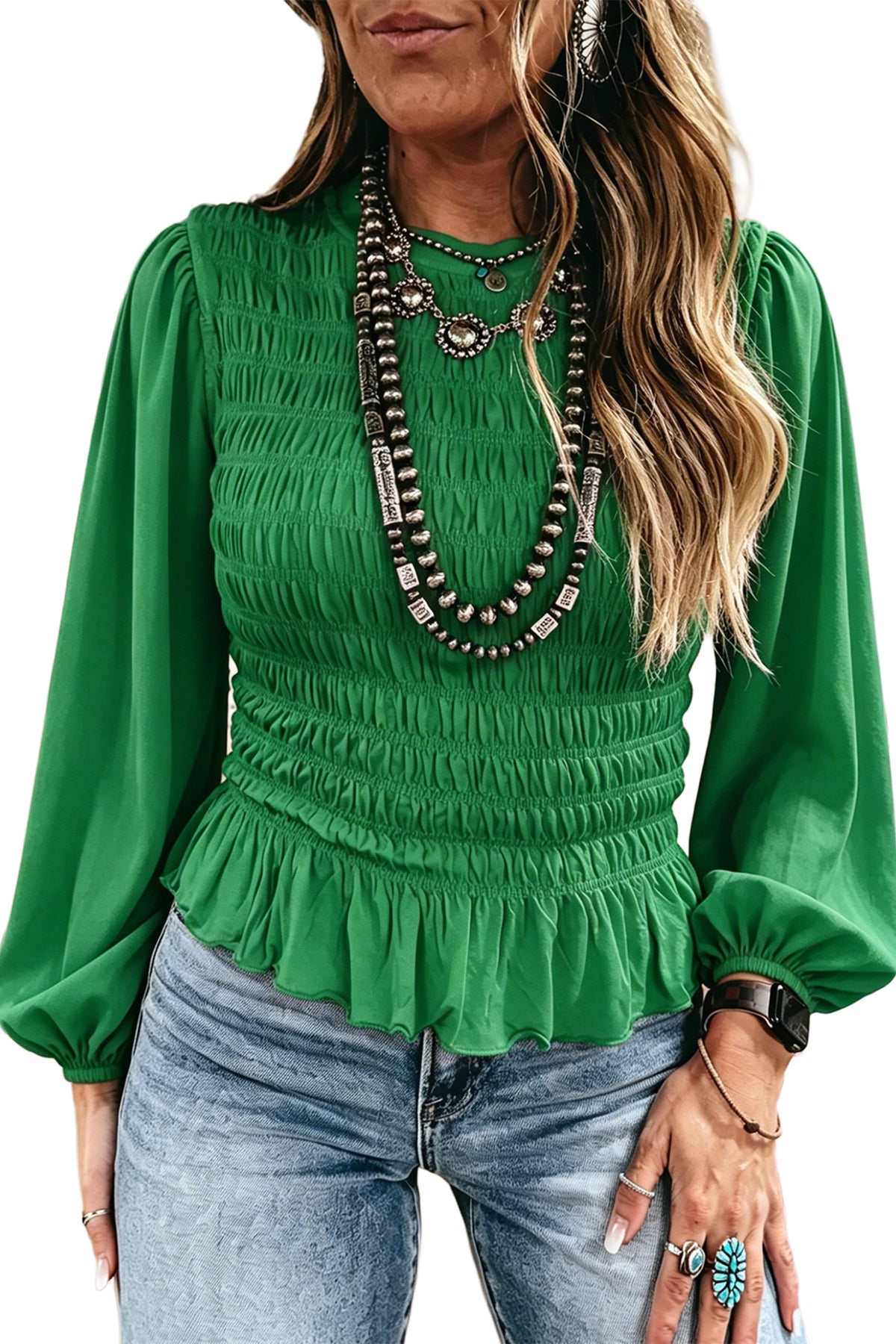 Coffee Solid Color Smocked Ruffle Hem Blouse