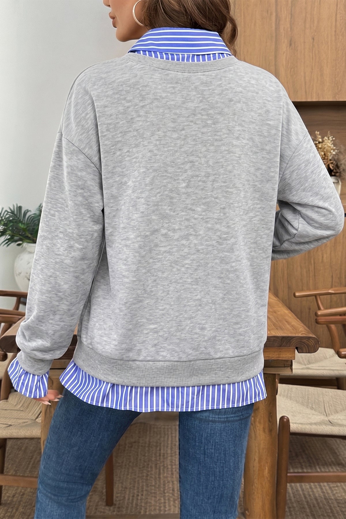 Light Grey Striped Collar 2-in-1 Patchwork Sweatshirt