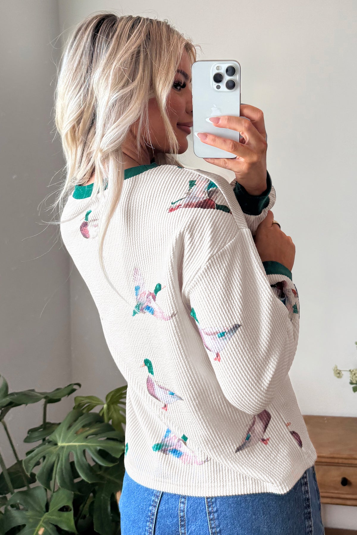 Beige Twisted Ribbed Duck Print Crewneck Top