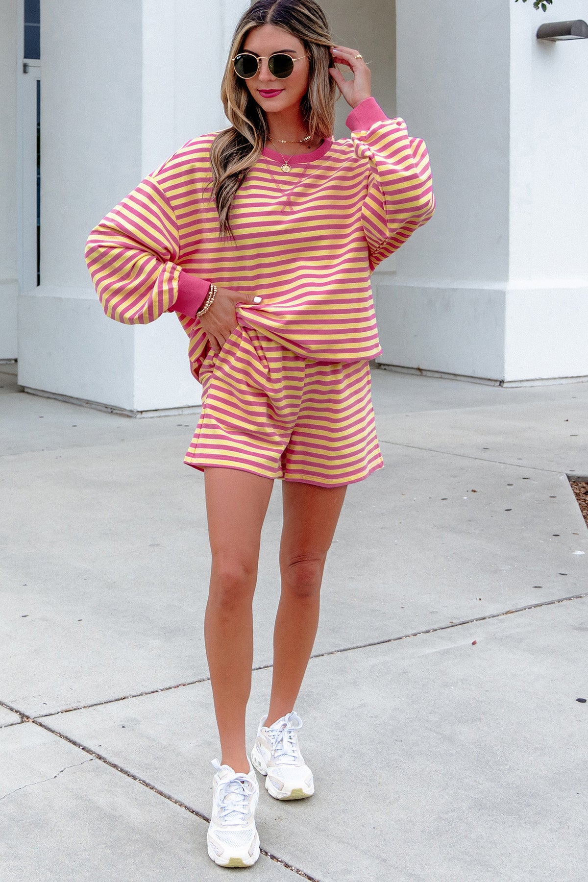 Women's Yellow Stripe Color Block Trim Round Neck Long-Sleeve Top Casual Shorts Two-Piece Set