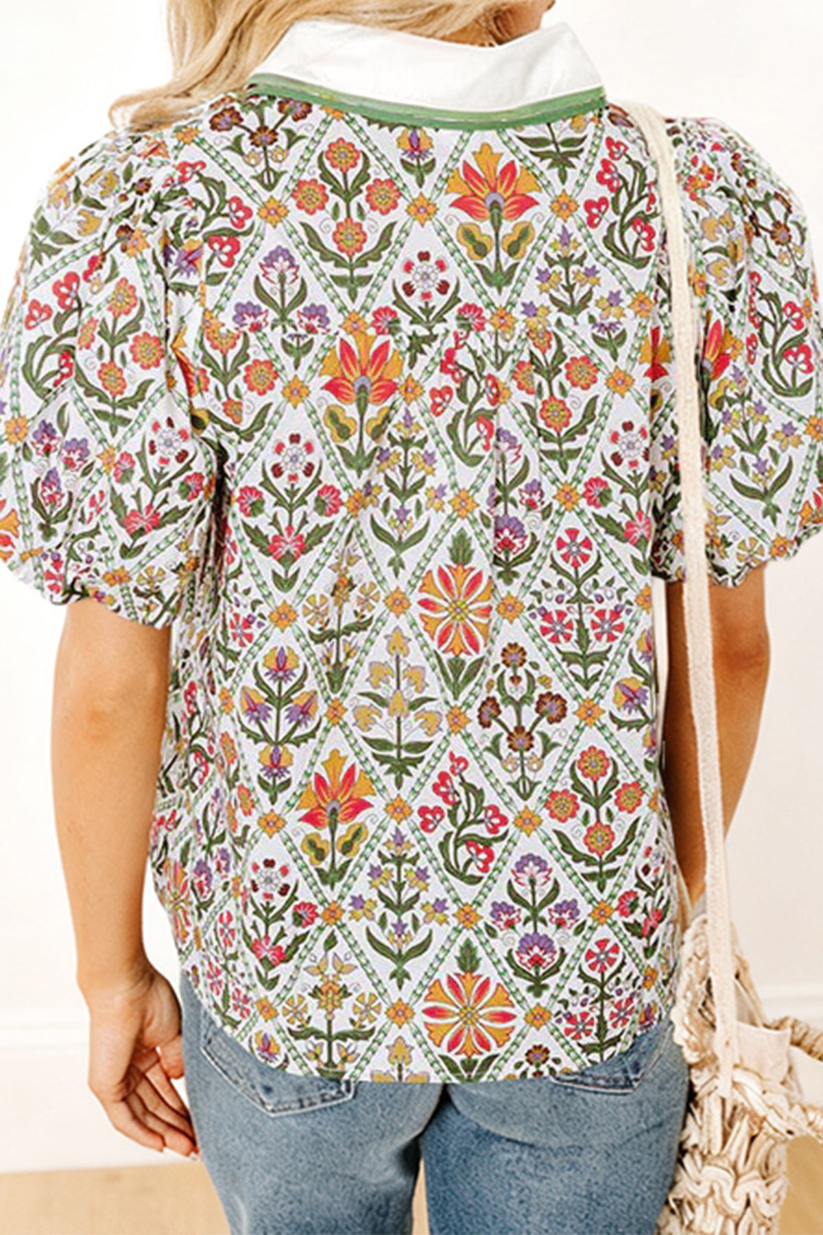 Green Short Bubble Sleeve Floral Shirt