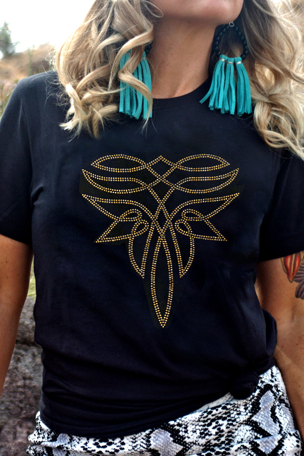 Black Rhinestone Western Pattern Cotton Blend Graphic T-Shirt