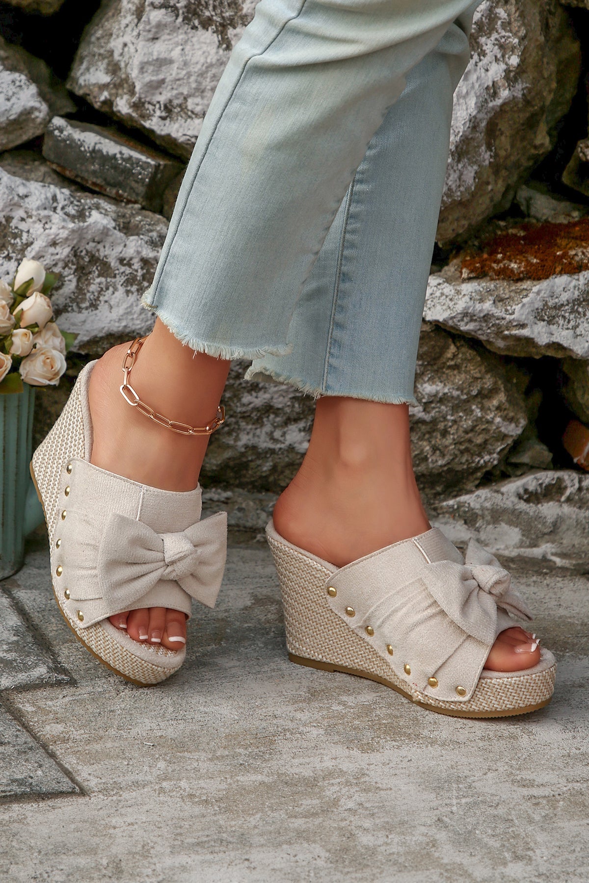 Oatmeal Bow-Knot Studded Wedge Sandals