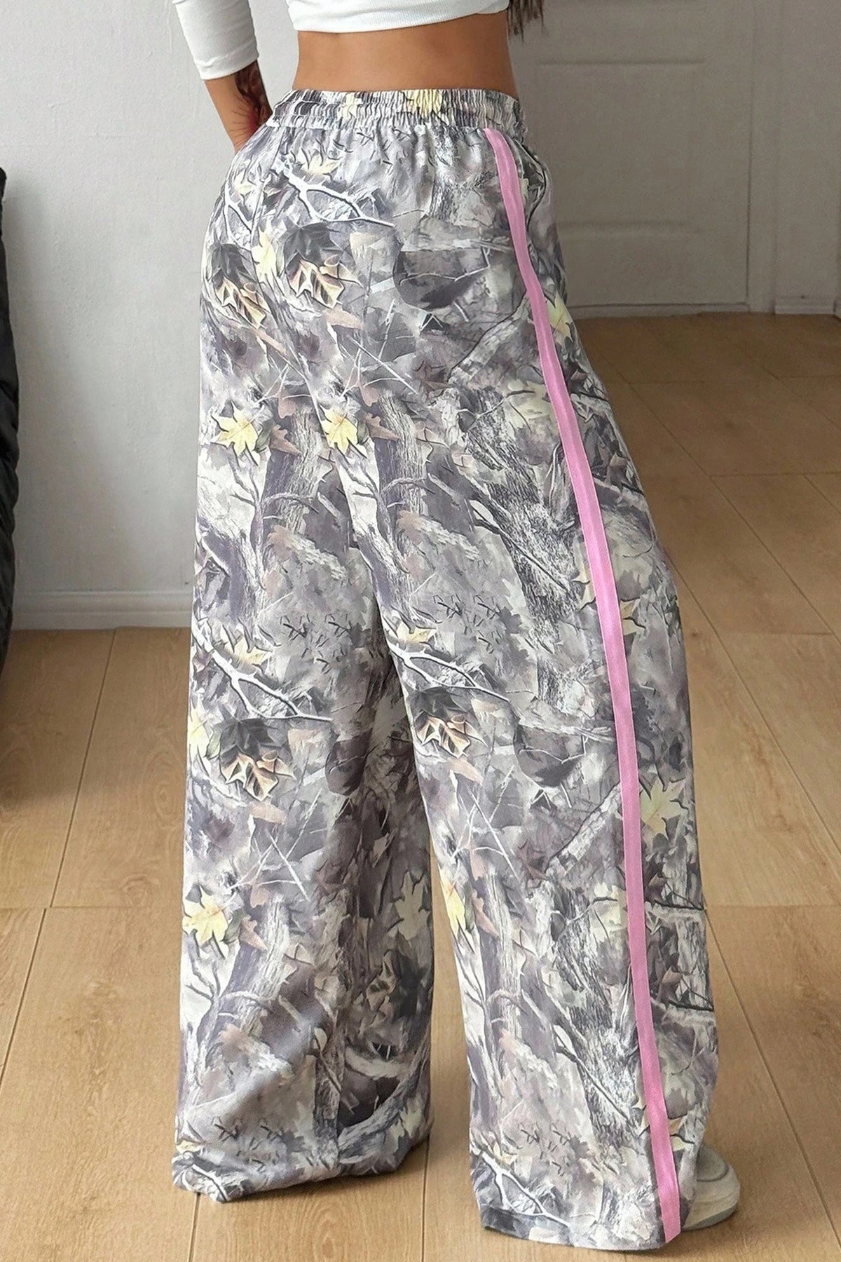 Gray Camo Woodland Print Color Block Drawstring Wide Leg Sweatpants