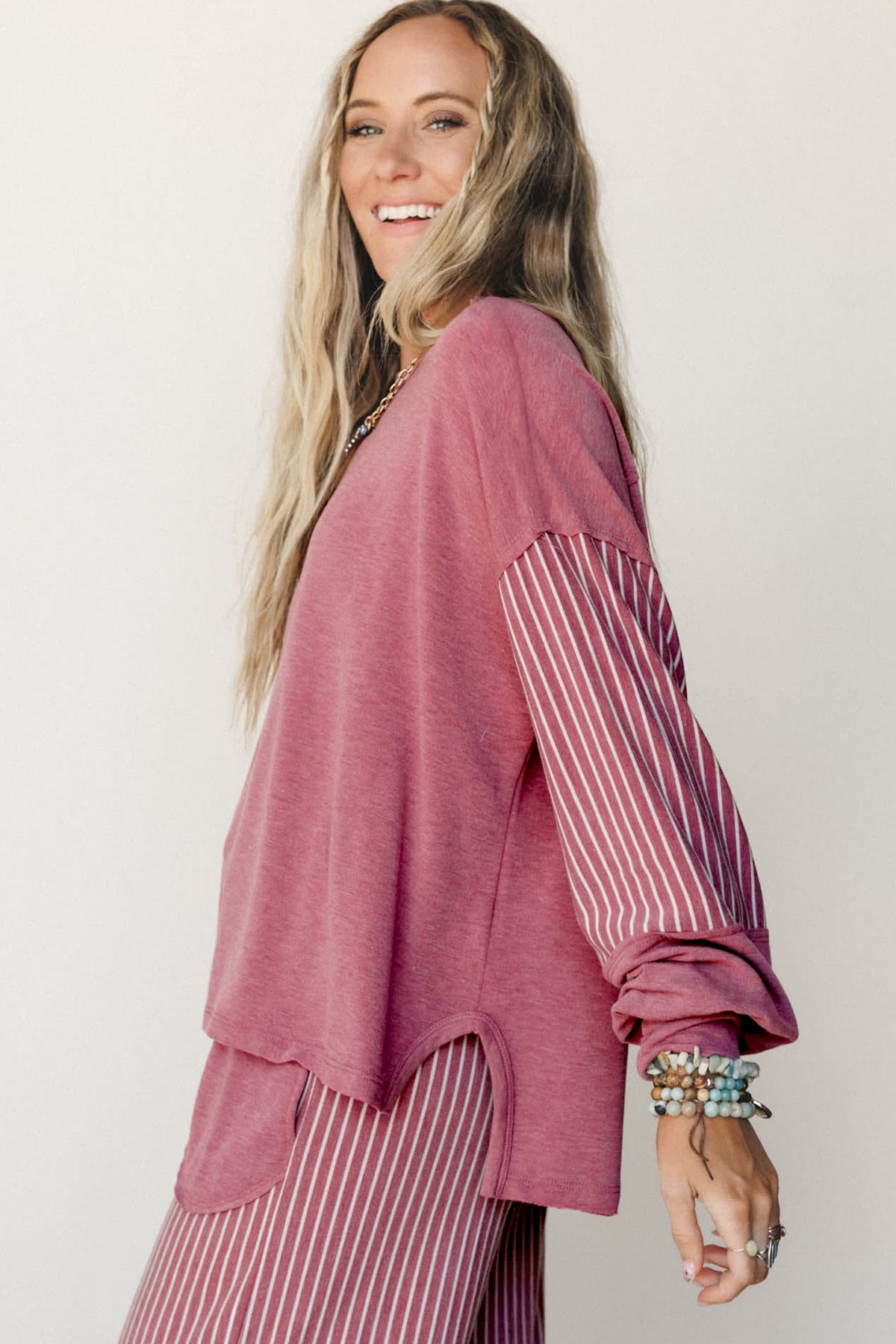 Women's Fushia Raw Seam Patchwork Long-Sleeve Top Pocket Casual Pants Two-Piece Set