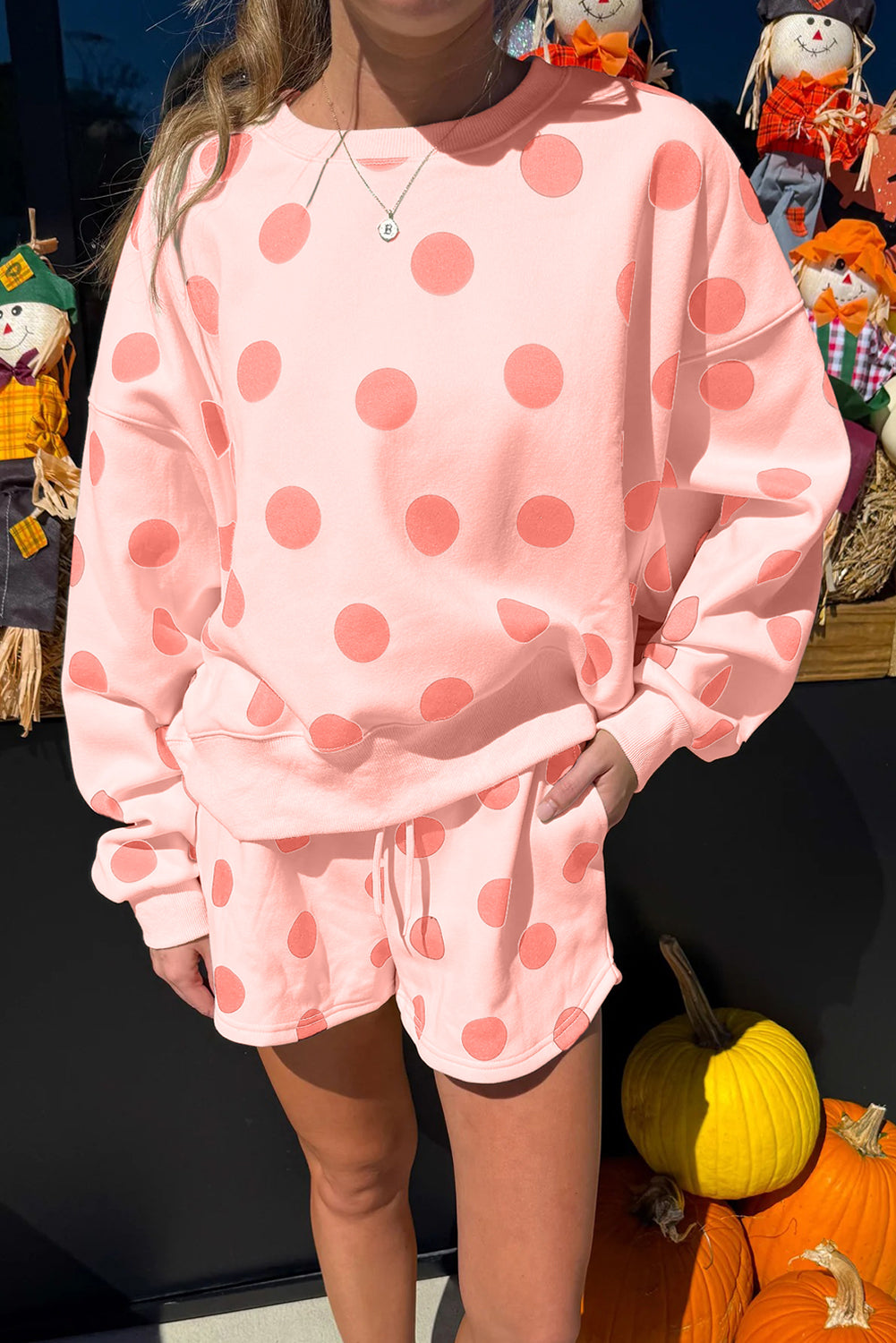 Women's Beige Polka Dot Print Drop Shoulder Pullover Drawstring Shorts Set