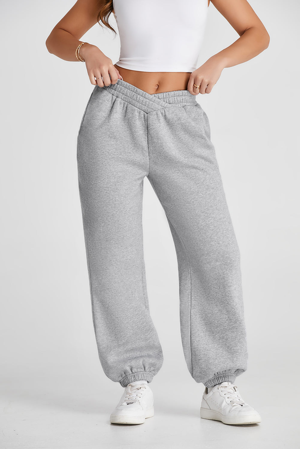 Light Grey Solid Crisscross Elastic Waist Sweatpants