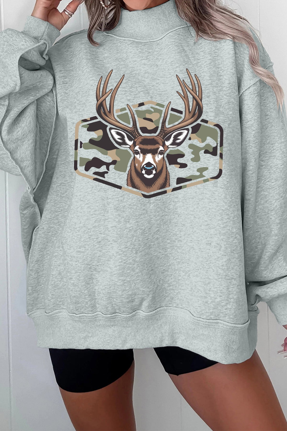 Gray Oversize Camouflage Reindeer Print Mock Neck Sweatshirt