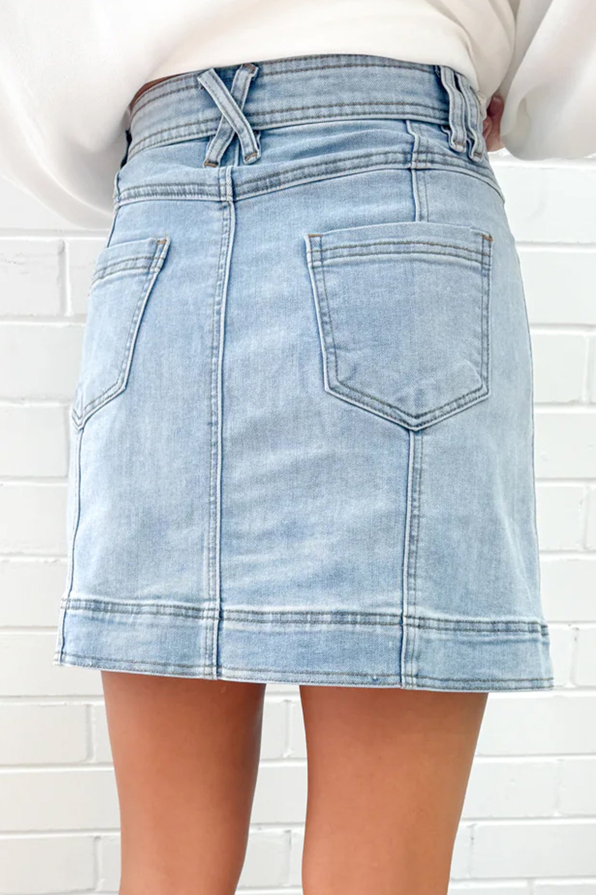 Beau Blue Exposed Seam A-line Denim Mini Skirt with Pockets