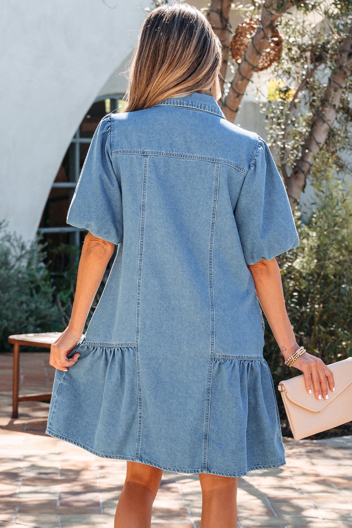Beau Blue Short Puff Sleeve Ruffle Hem Patchwork Denim Dress